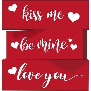 3-layered Red Wood Block Valentines Decorations Kiss Me Be Mine Love You, 3Pcs